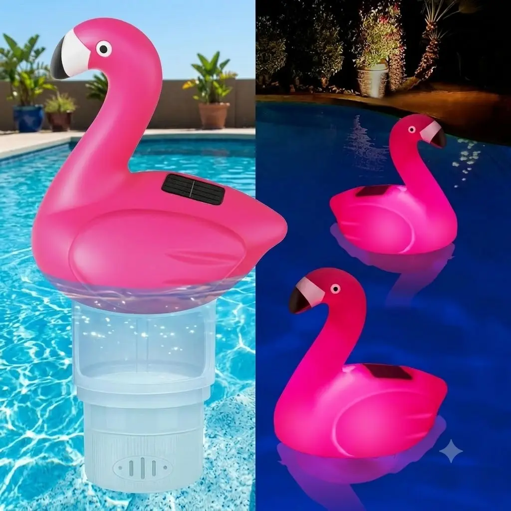 Ukars Solar Pool Chlorine Floater, Flamingo Chlorines Floater with Light, Glow in Dark Chlorines Tablet Floater, Red, 11 in