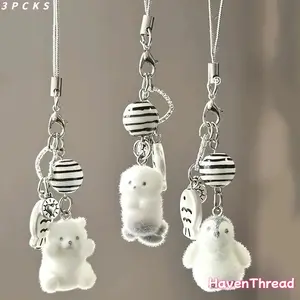 3-Piece Plush Pomeranian Puppy Charm Keychain Set, Beige & Brown Accessories with White or Black Noses, Attach to Backpacks or Keys, Cute Collectible Gift for Dog Lovers (Sports & Outdoor Fan Shop Gaming Accessory)