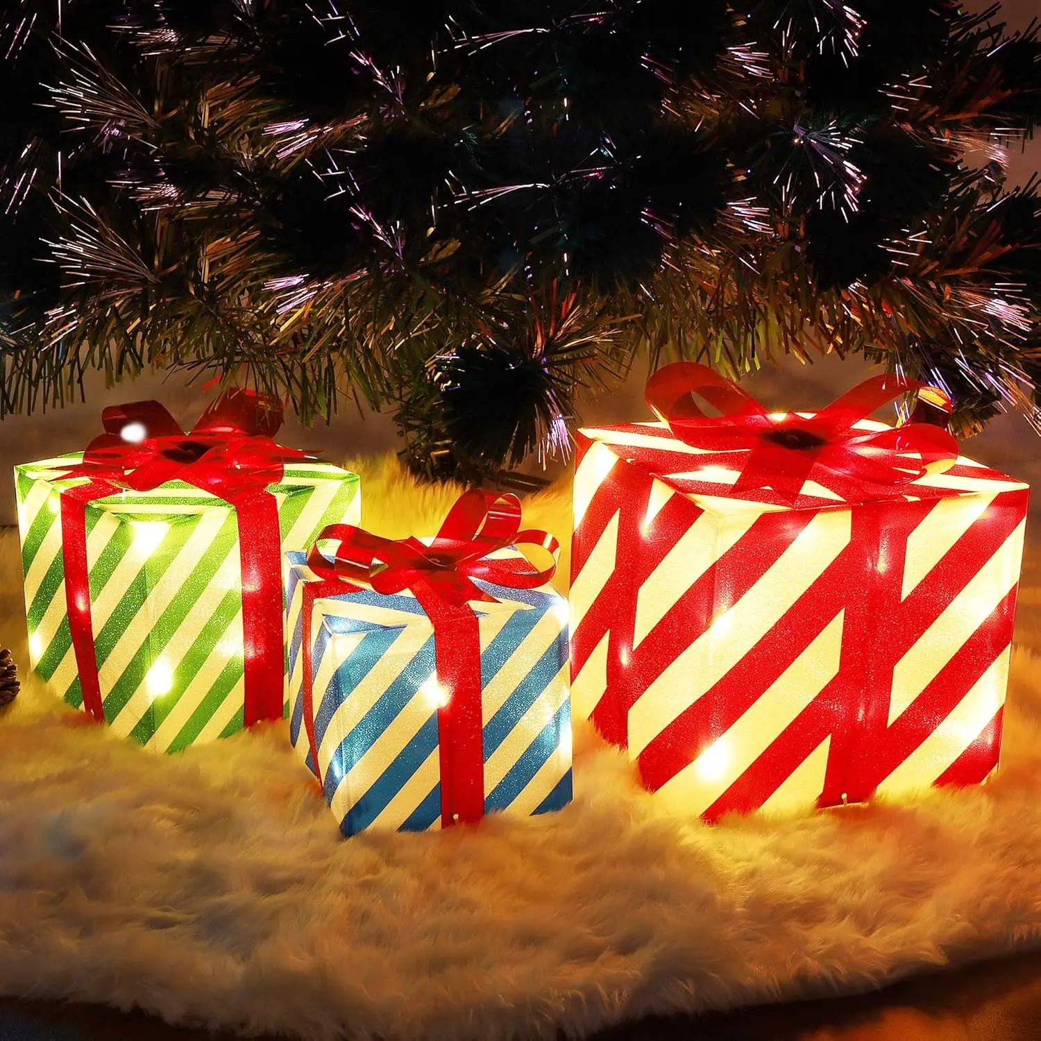ATDAWN Set of 3 Lighted Gift Boxes Christmas Decorations, Pre-lit Light Up Present Boxes with Red Green and Blue Stripe for Christmas Indoor Home Outdoor Yard Lawn