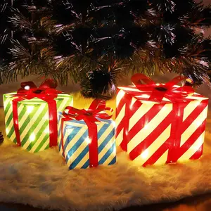 ATDAWN Set of 3 Lighted Gift Boxes Christmas Decorations, Pre-lit Light Up Present Boxes with Red Green and Blue Stripe for Christmas Indoor Home Outdoor Yard Lawn