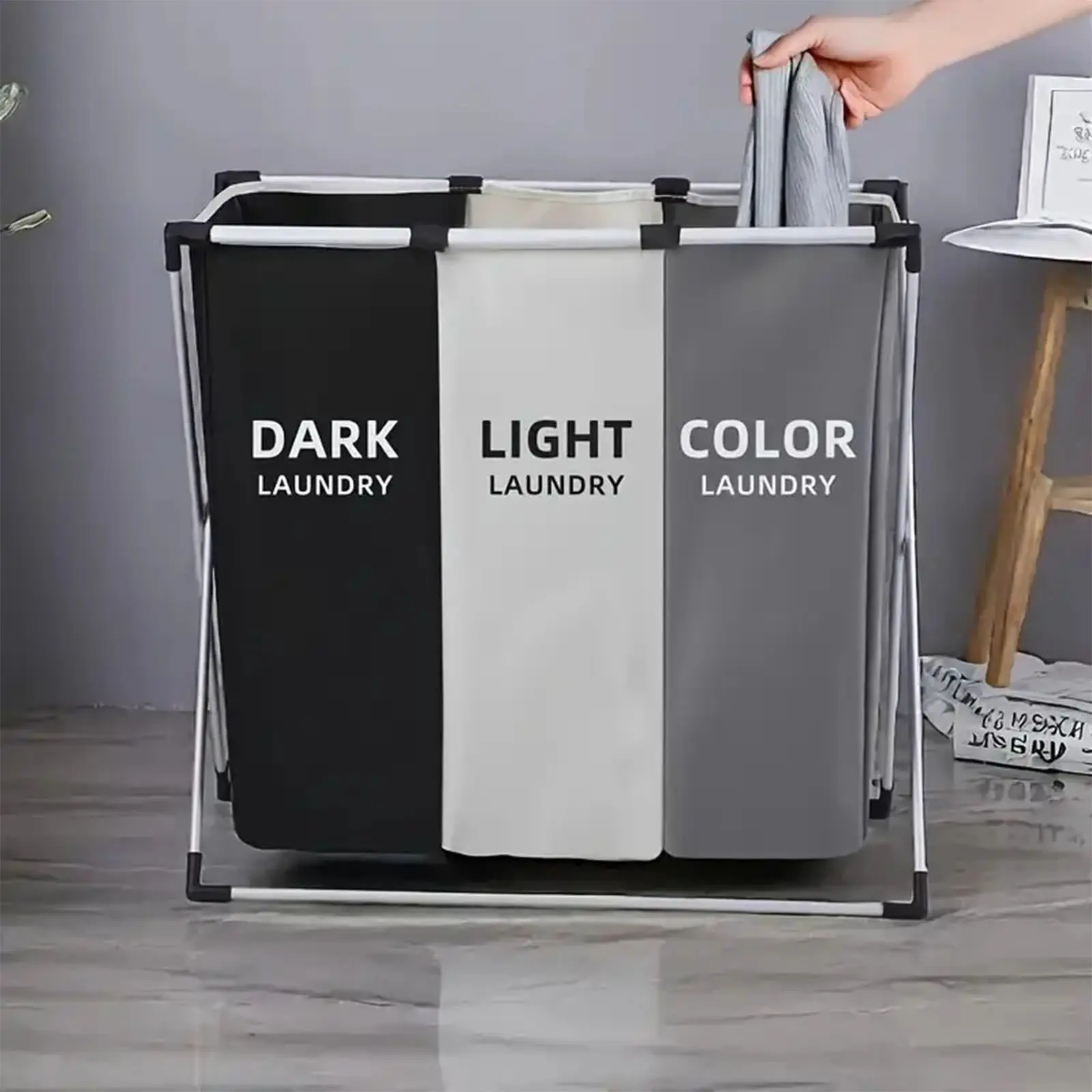 3-Section large Capacity Laundry Basket Sorter with Waterproof Oxford Bags & Sturdy Aluminum Frame Foldable Space-Saving Hamper Organizer for Laundry Rooms, Dorms & Closet Storage