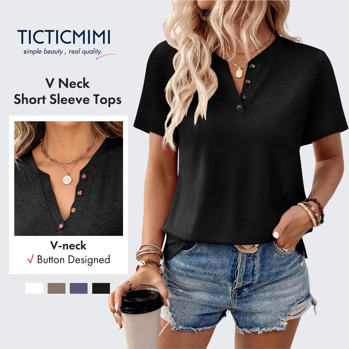 TICTICMIMI Women's V Neck Short Sleeve Tops Summer Casual Cute Loose Fit Button T Shirts Womenswear Tshirt Streetwear Maternity Basic Minimalist Shortsleeve