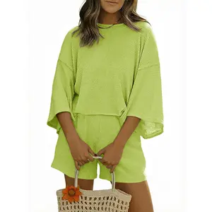 Tankaneo Womens Short Sets 2 Piece Outfits 3/4 Sleeve Tops and Elastic Waist Shorts Lounge Set Casual Loungewear