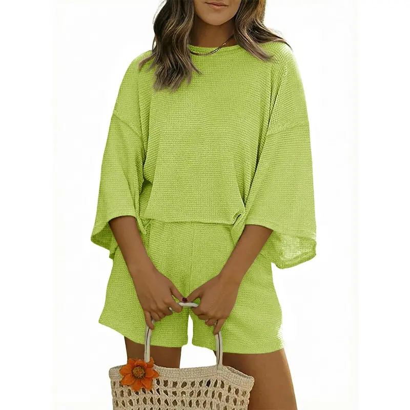 Tankaneo Womens Short Sets 2 Piece Outfits 3/4 Sleeve Tops and Elastic Waist Shorts Lounge Set Casual Loungewear