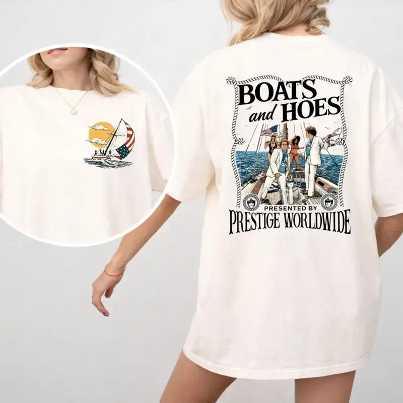 [ Comfort Colors ] Boats ‘N Hoes Retro Summer T Shirt, Vintage Step Brothers Inspired Shirt, Funny Yacht Party Graphic Tee, Classic Comedy Movie Apparel , Unisex Fitted Short Sleeve Tee, Classic Streetwear