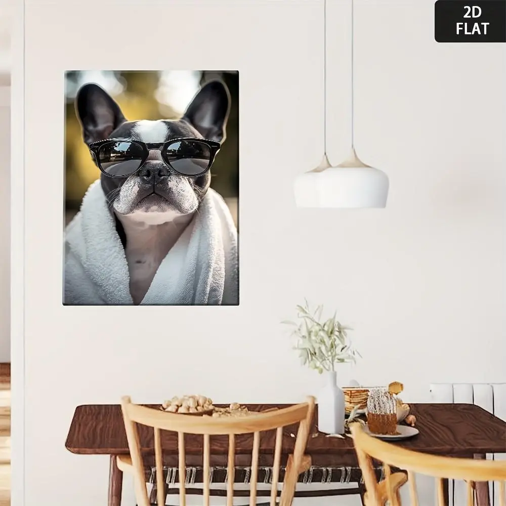 1-Piece Customizable 2D Flat Wall Art Framed Canvas Painting - Boston Terrier Dog with Black Fashion Glasses, Modern Minimalist Animal Portrait, Home Office Library Decor, Dog Lover Gift, Framed Art