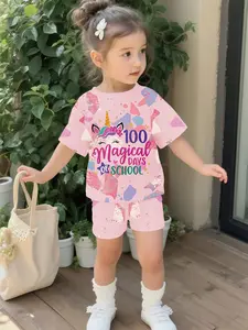 Pink Grinding Stone Magic Unicorn Children's Set Digital Printed 100% Polyester Baby Short Sleeve Set, Cute Baby Girl Casual Clothing, T-Shirt Suitable for Daily and Outdoor Sports, Perfect Gift for Infants and Toddlers