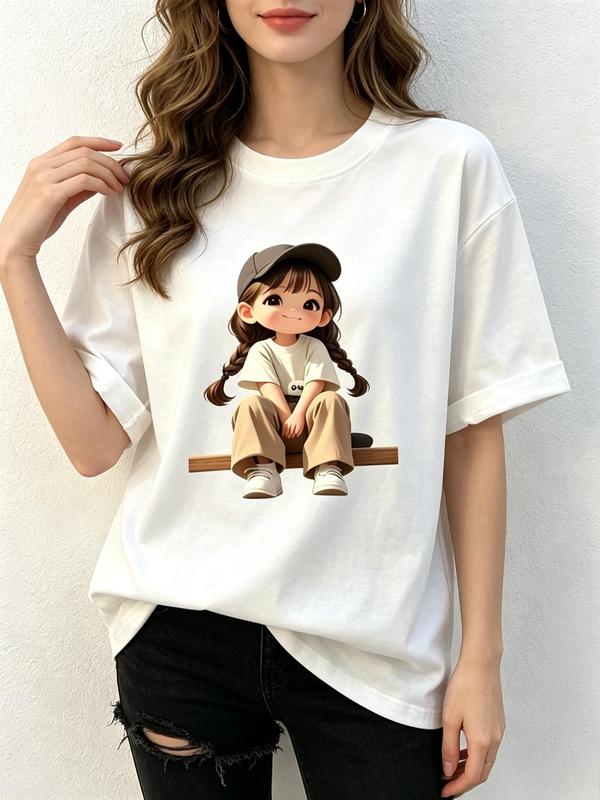 Women's White Oversized Plus Size Cotton Crew Neck Short-Sleeve Cartoon Print T-Shirt - Simple, Oversized Fit, Easy Layer, Super Soft, Machine Washable, Expandable, US TikTok Hot Item, for Soft Girl Streetwear