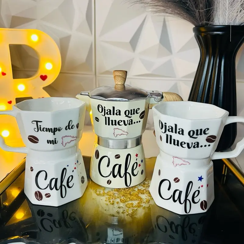 Kitchen Coffee Set with Two Cups and Decorated Coffee Pot Desing Rep.Dom