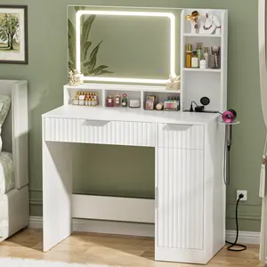 Modern LED Lighted Vanity Desk with Mirror, Makeup Vanity Table with Charging Station, Wood Dressing Table with Drawers & Cabinet for Bedroom