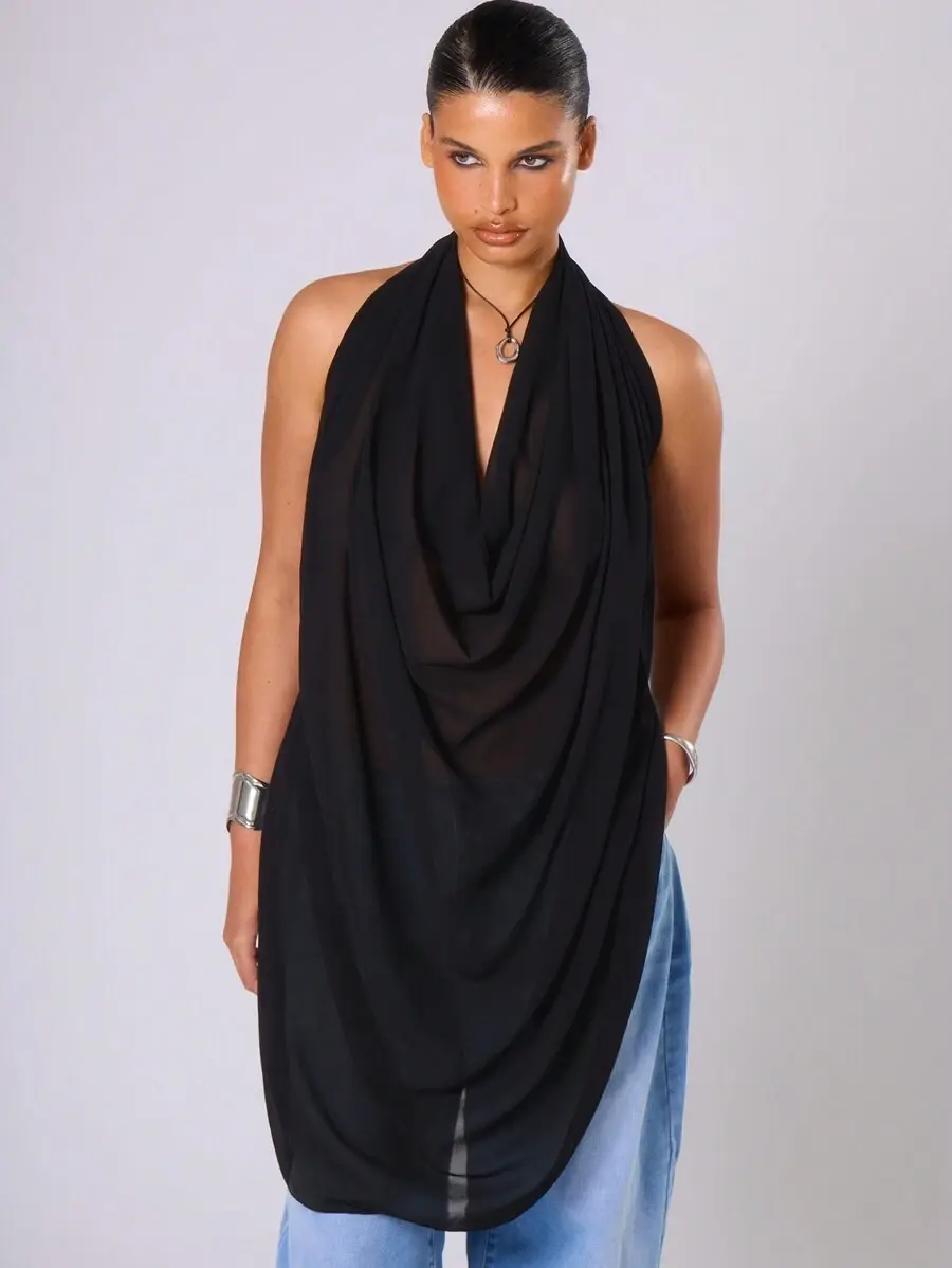 Plus Size Chiffon Extreme Cowl Neck Backless Top For Club, Holiday, Vacation Summer For Women