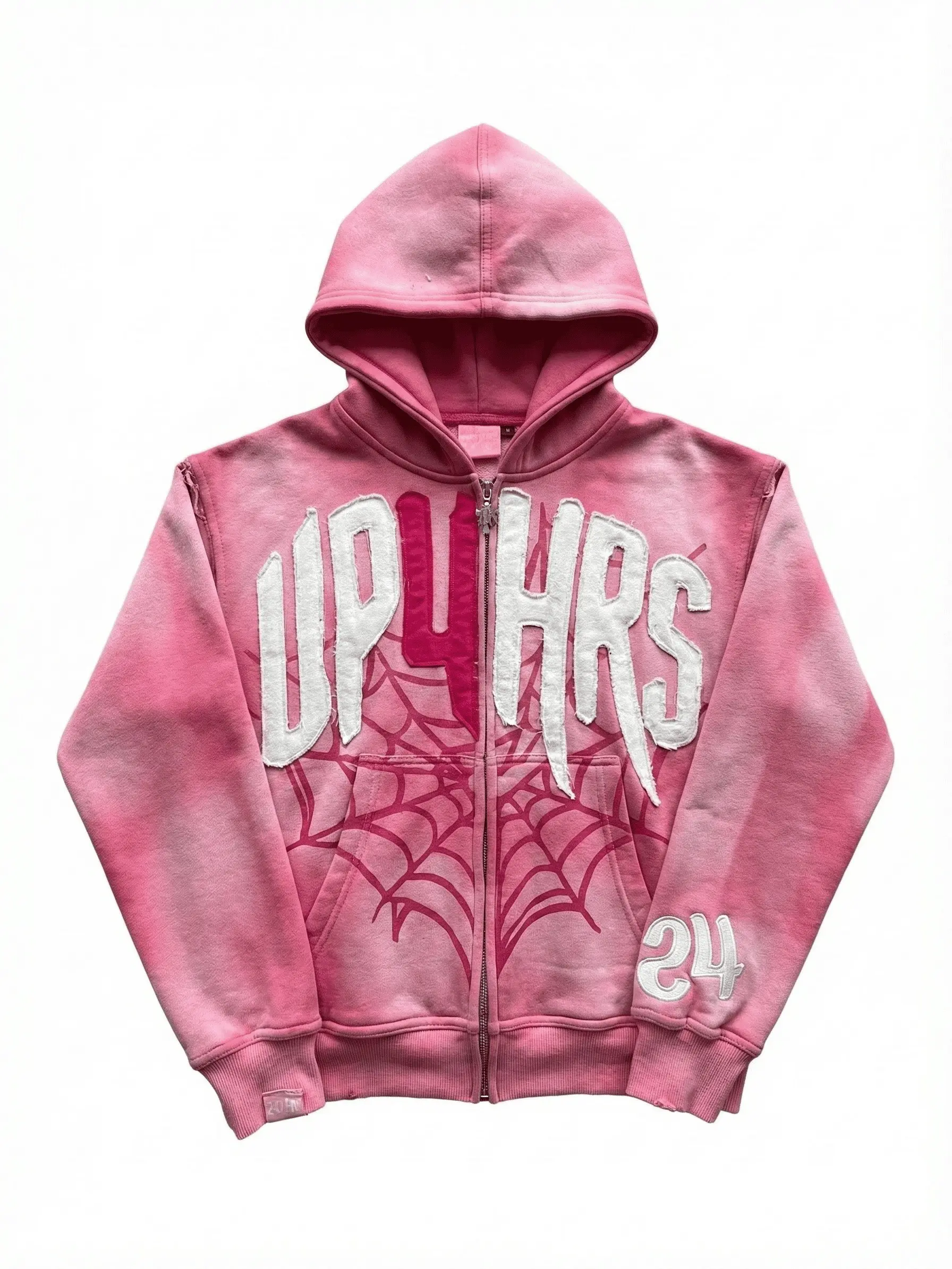Mens Pink Zip Up Hoodie with Letter Applique & Spider Web Design Y2K Street Style Long Sleeve Sweatshirt Retro Gothic Rock 3D Print Couples Zip Hoodie Perfect Autumn Winter Gift Casual Tops