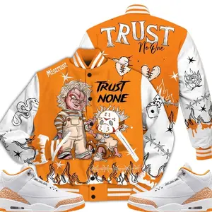 3 White Orange Peel Varsity Jacket, Orange Citrus 3s Outfit Scary Trust No One Shirts To Match Sneaker Streetwear