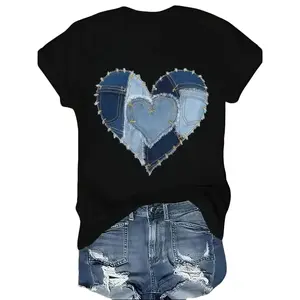 【FathersDayGift】Women's Casual T-Shirt - Heart Denim Print Design, Short Sleeves, Crew Neck, Machine Washable - Perfect for All Seasons
