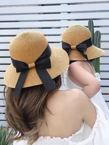 Two-Piece Parent-Child Straw Hat Set with Bow, Matching Hats, Summer Beach Hat for Kids, Sun Protection Hat for Girls, Outdoor Baby Hat
