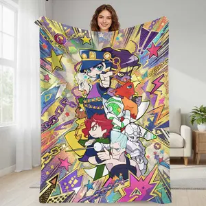 JoJo's Bizarre Adventure anime style flannel blanket featuring iconic character lineup and vibrant graphic print super soft cozy durable perfect for home decor anime fan gift living room bedroom sofa couch and fan collection.