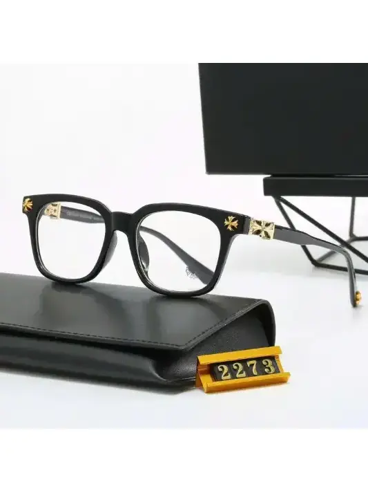 High-End Chrome Hearts Square Eyeglass Frames for Men & Women, Luxury Black Gold Cross Detail Optical Glasses, Premium Designer Style Unisex Frames with Leather Case