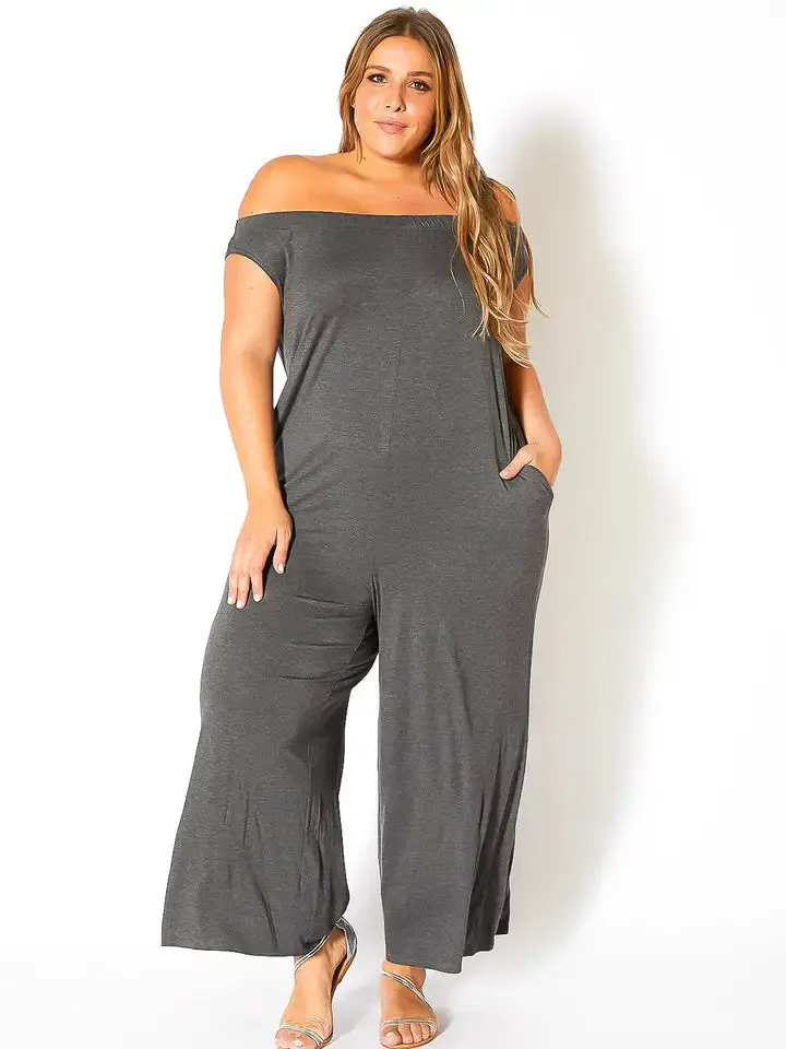 Plus Size Off-Shoulder Wide-Leg Jumpsuit – Relaxed Casual Lounge Jumpsuit