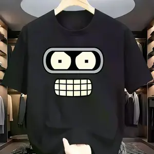 Graphic Tee Men Bender Robot Graphic T-Shirt Funny Futurama Bender Design Breathable Cotton Round Neck Short Sleeve Casual Summer Tee Menswear Top