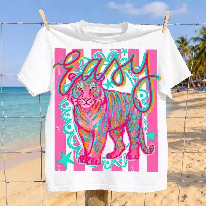 Preppy Easy Tiger Tee, Funny Sarcastic T-shirt, Snarky Colorful Shirt Doodle Tee, Trending Stripes Tshirt, Girly Boutique Tee