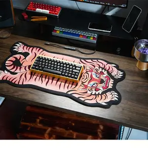 Domineering tiger head texture table mat, pink trendy and cool style desk mat, creative design study office desk mat, special-shaped tiger pattern keyboard desk mat, modern artistic sense, gaming room mouse anti-slip desk mat