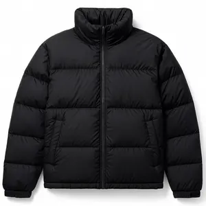 Men's & Women's Solid Black Puffer Jacket with Zipper Stand Collar Lightweight Quilted Winter Coat with Pockets Windproof Cuffs Warm Insulated Streetwear for Fall Winter Menswear
