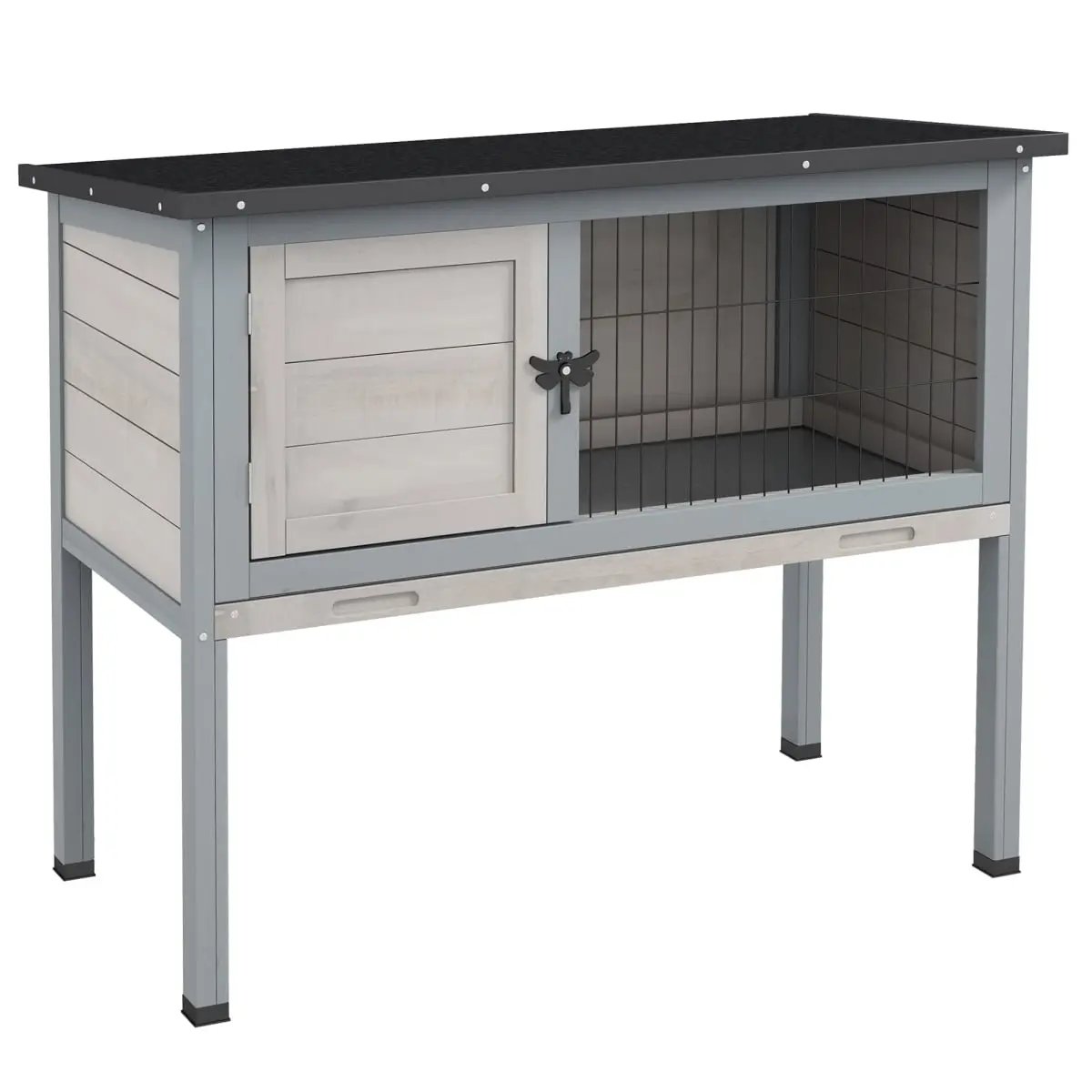 212 Main D51-119V00BK PawHut Elevated Wooden Rabbit Hutch Indoor & Outdoor Bunny Cage with Hinged Asphalt Roof & Removable Tray for Guinea Pig, Gray