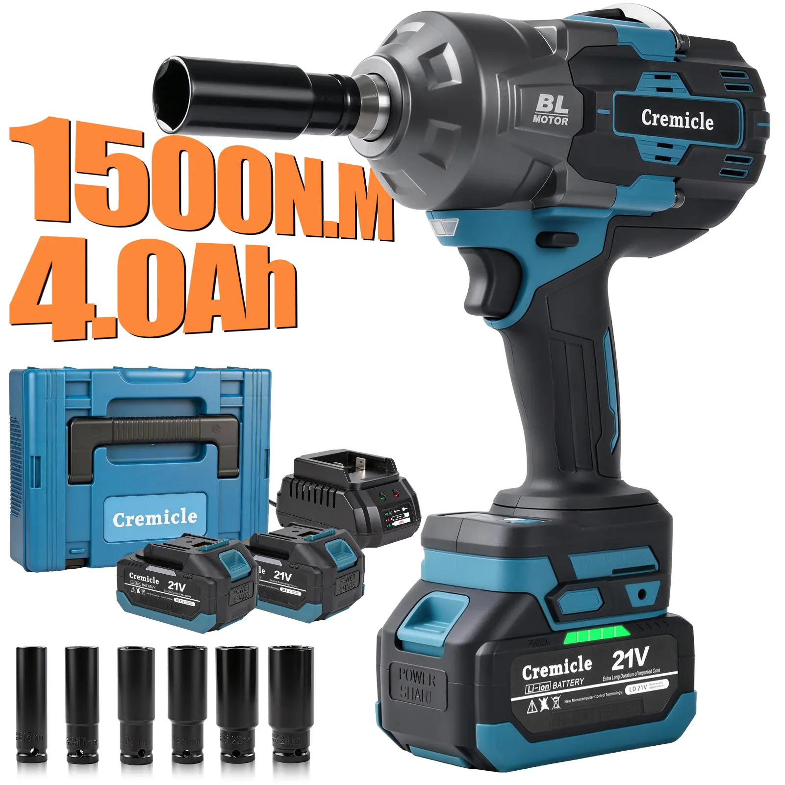 1500Nm Cordless Impact Wrench Set, Cordless Impact Gun with 2×4.0Ah Batteries, Electric Impact Wrench with 6 Sockets Power Tools