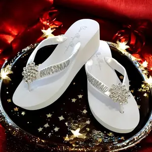 Bridesmaid Jeweled Rhinestone White Flip Flops for Wedding Sandals  2 Inch Wedge with Silver Glitter