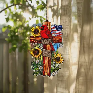 Christian Cardinal Cross Faux Stained Acrylic Suncatcher  American Flag Patriotic Window Hanging 4th of July Jesus Gift for Faithful Hearts