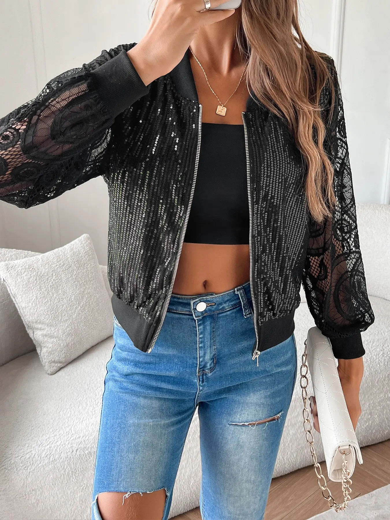 Women's Elegant Sequin Lace Floral Patchwork Long Sleeve Lightweight Lace Baseball Jacket Coat, Fitted Plain Design Spring & Fall