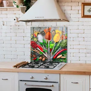 GCKG Various herbs and spices with spoons on old wooden table Tempered Glass Kitchen Backsplash, Stove Back Cover, Stove Splashback, Cutting Board, Kitchen Wall Decor