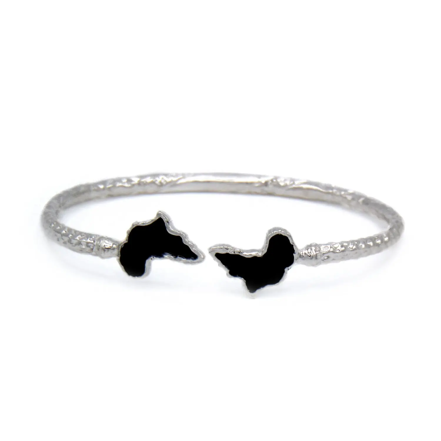 BETTER JEWELRY Unisex 4mm .925 Sterling Silver West Indian Style Bangle - Africa Design Black Enamel Bracelet with Map of Africa Ends, Unique Etchings, 1 Custom Size for Adults