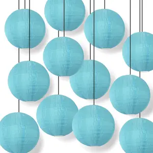 BULK PACK (12) 10 Inch Baby Blue Shimmering Nylon Lantern, Parallel Ribbing, Durable, Hanging