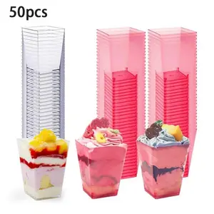 50-Pack Clear Square Plastic Dessert Cups! Ideal for Pudding, Yogurt, Fruit Mousse Cakes, Perfect for Party Snacks🔥 Suitable for Parties, Events and Home Use, Reusable and Durable Clear Cups