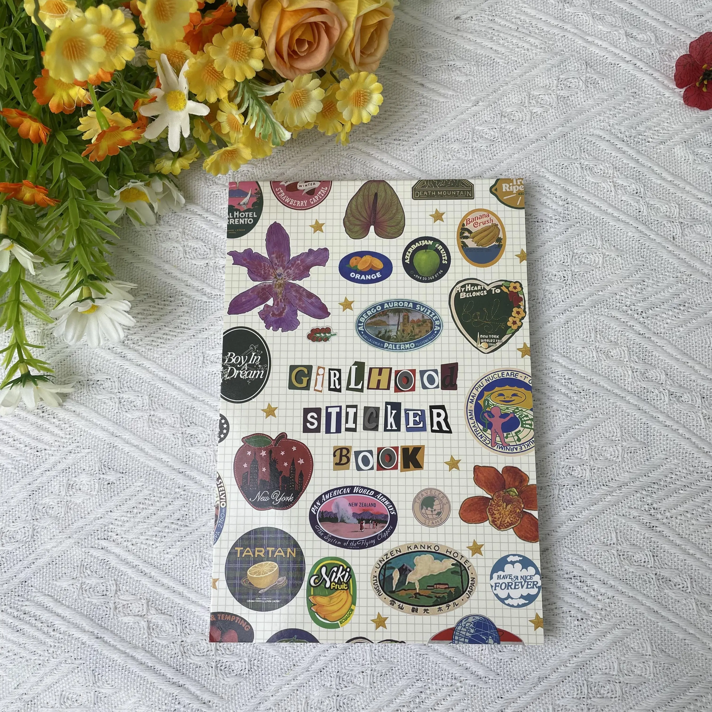 Vintage travel sticker cover notebook, girlhood sticker book, aesthetic grid journal for scrapbooking
