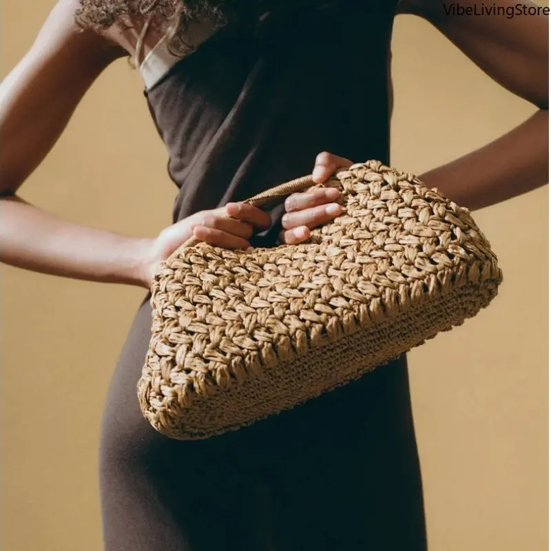 Handmade Raffia Clutch Bag, Stylish Knitted Pouch in Brown for Women, Lightweight for Beach, Vacation, and Daily Use, Bag For Purchase
