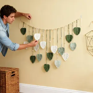 Bohemian Style Artificial Leaf Wall Hanging Tapestry - Modern Woven Wall Decor with Green and White Feathers, Perfect for Home Decoration, Halloween, Christmas Gifts, Festive Wall Art | Bohemian Wall Decor | Woven Leaf Design, Wall Decorations for Home