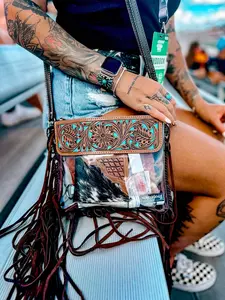 Hand Tooled Clear Purse Crossbody - Concert Game Day Stadium, Genuine Hair-on Cowhide, Clear Thick Vinyl, Secure Snap Closure, Adjustable Strap, 9.5" W x 8.5" H, Venue Approved