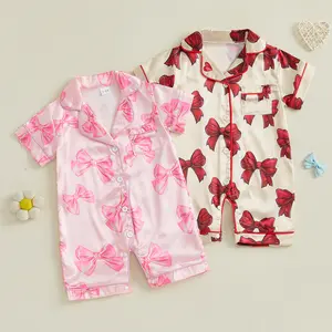 REDWOON Newborn Baby Girl Satin Silk Bow Print Pajamas Romper Short Sleeve Button Down Onesie Pjs Infant Sleepwear