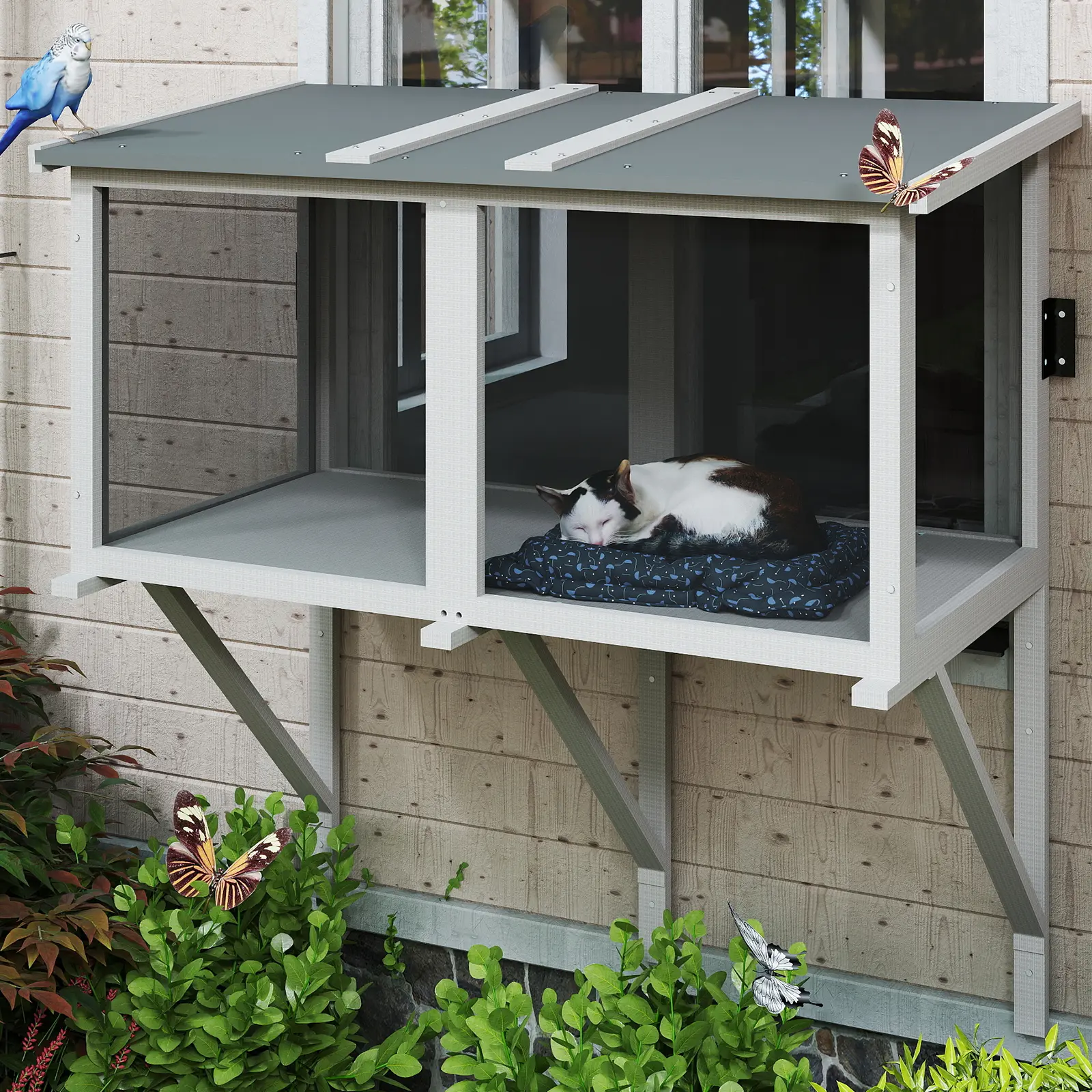 Petscosset Wall Hanging Cat Window Shelter Heavy Duty Triangular Support Bracket Mosquito Proof Ventilated Cat Playpen, All Weather Snow Rain Sun Resistant Outdoor Cat Box for House Window Backyard Use
