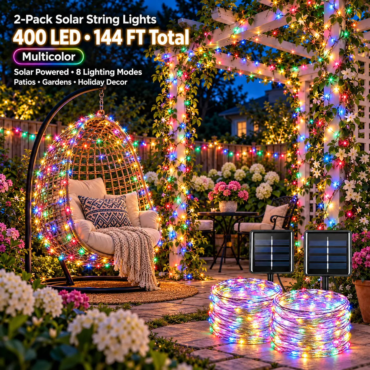 2-Pack Solar Copper Wire String Lights, 144FT 400 LED Multicolor Fairy Lights with 8 Lighting Modes, Solar-Powered, Auto On-Off, Flexible Bendable Wire, Waterproof for Tree, Patio Decor,Create a Stronger Holiday Ambiance Nightlight bedroom