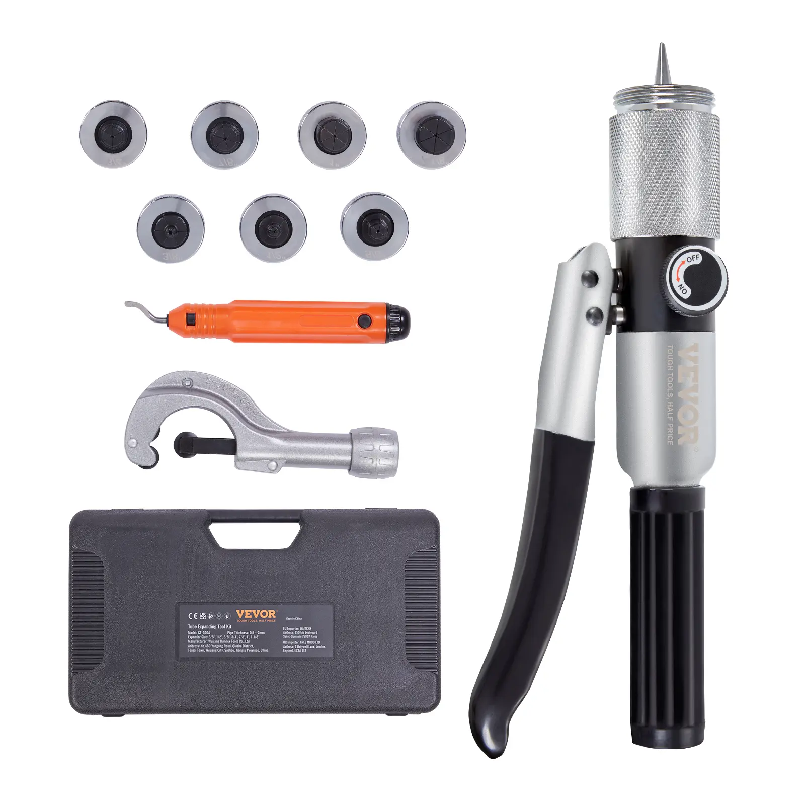 【summerfinds】VEVOR Hydraulic Tube Expander, 3/8" to 1-1/8" OD, HAVC Hydraulic Swaging Tool with 7 Pipe Expander Heads, Deburring Tool, Pipe Cutter for Copper Aluminum Brass Soft Steel Pipes