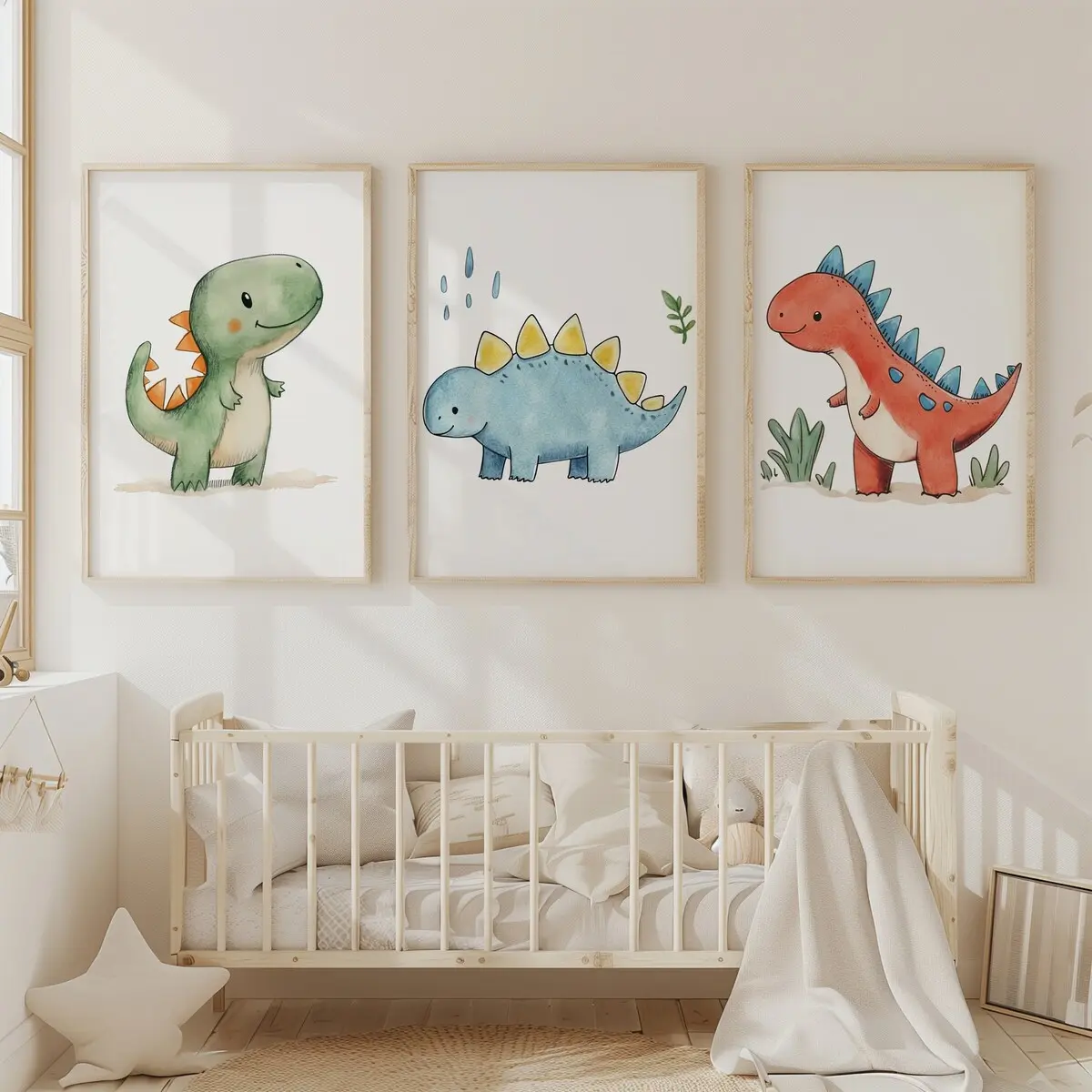 Set of 3 Dino Nursery Prints, Cute Dinosaur Wall Art for Baby Boy Room, Unframed