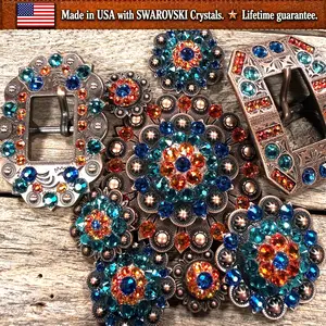 Copper Capri - Fire Opal - Teal Crystal Conchos | Sizes 1"- 3" | Buckles | Saddle Set | Leather Rosettes | Slide