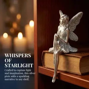Silver Sitting Fairy Resin Statue, Beaded Textured Angel Decor, Luxury Shelf Sitter Figurine, Modern Home Accent, Tabletop Ornament
