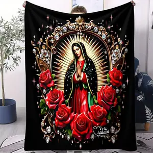 Viral Our Lady of Guadalupe Flannel Blanket | Luxury Red Rose & Crystal Frame Print | Ultra Soft Warm Throw | Home Sofa Bed Decor | Catholic Faith Gift