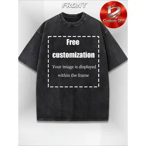 Customizable 100% Washed T-Shirt - Unisex Retro Pattern Short Sleeve Crew Neck Casual Top, DIY Photo and Text Printing, Machine Washed Clothing, Soft Fabric, Fashion Versatile - Summer 100% Cotton Short Sleeve T-Shirt, Daily Wear, Loose Version