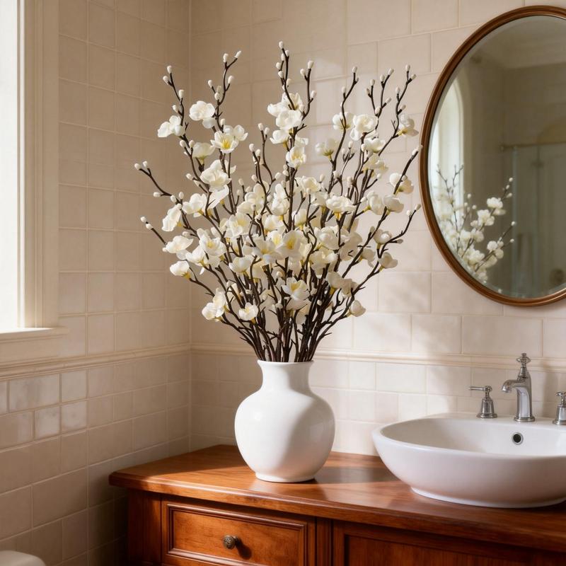 12/24Pcs Winter Artificial Flowers White Plum Silk Blossom 21.7'' Fake Wintersweet Long Stem Plastic Faux Flowers for Home Hotel Office Wedding Party Garden Centerpieces All Season Decor Decoration Ornaments(vase not included)