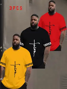 3-Pack Men's Plus Size Letter Print Short Sleeve T-Shirts, Round Neck, Casual Sporty Streetwear Style, Ideal for Outdoor Wear